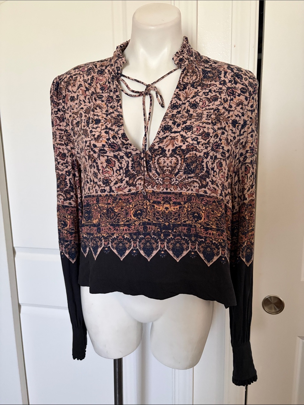 Free People Pink & Black Paisley Tie-Neck Blouse
